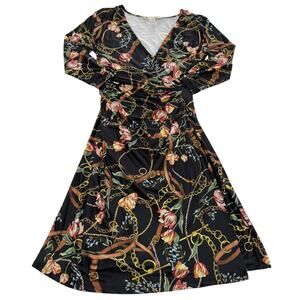 Yumi Dress Womens Small Black Floral Chain Print Long Sleeve Stretch UK 8 US 4